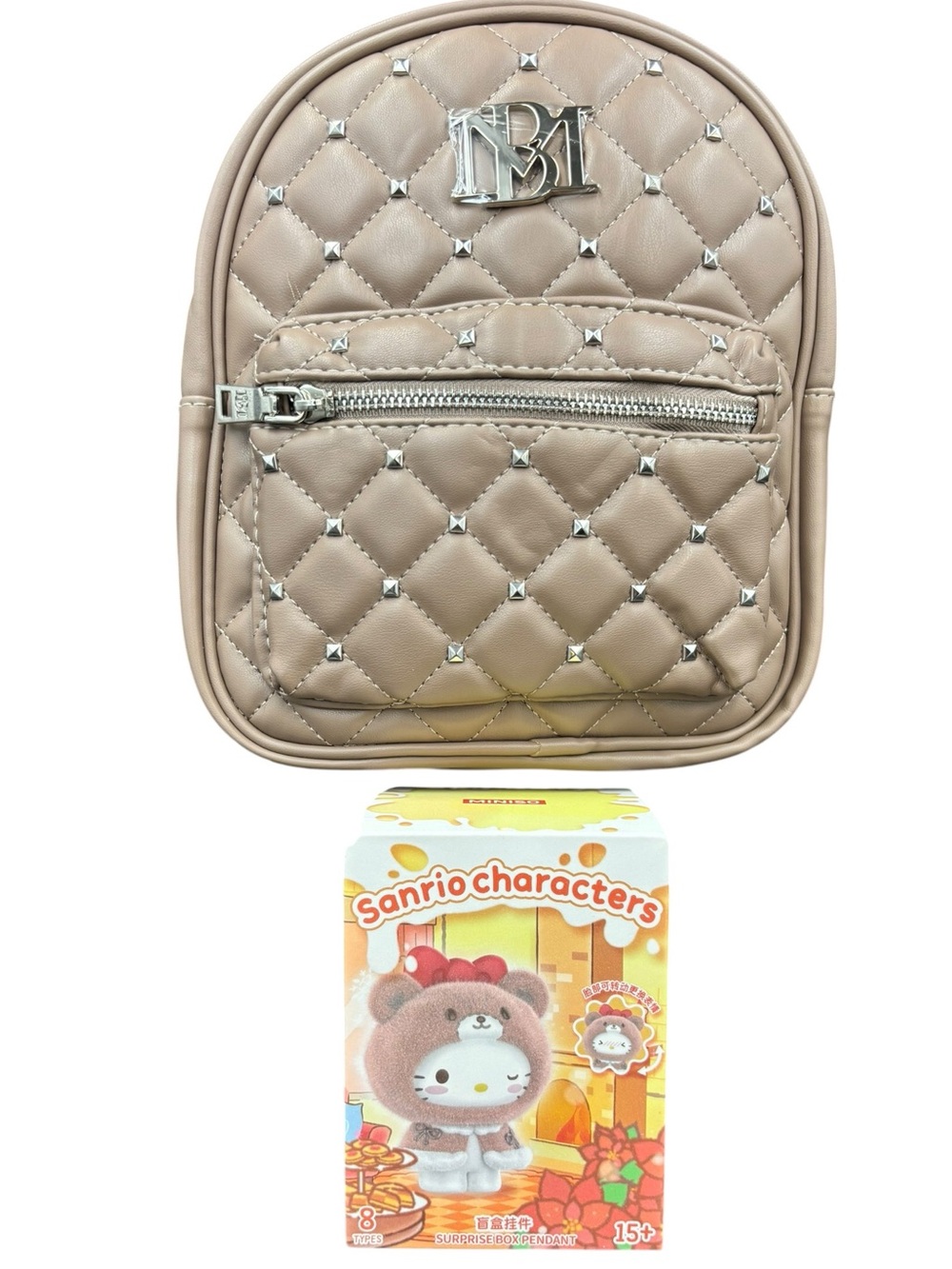 BMB Mini Studded Backpack Dark Taupe NWT + Hello Kitty Sanrio Charm NIB